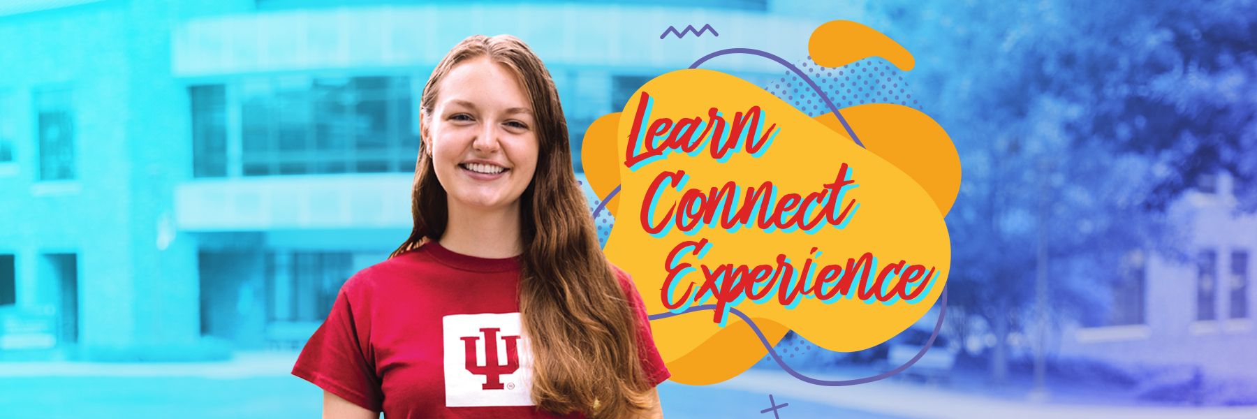 Smiling IU Southeast student on a blue background with the words Learn, Connect, and Experience.
