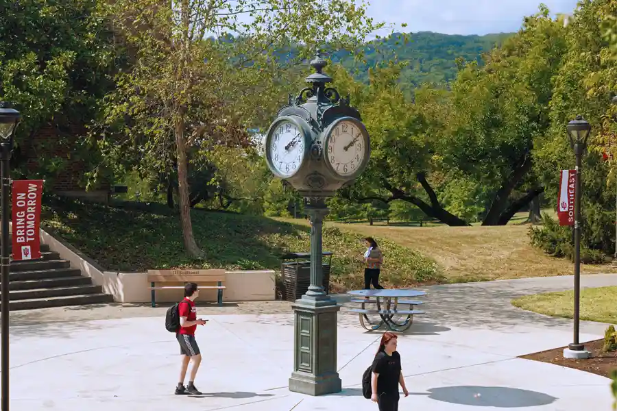Students in McCullough Plaza walking past the clock