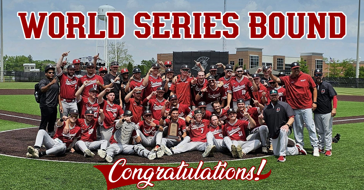 The IU Southeast baseball poses for a team photo to celebrate their return to the Avista NAIA World Series for the second time in school history after defeating Missouri Baptist on May 16, 2024.