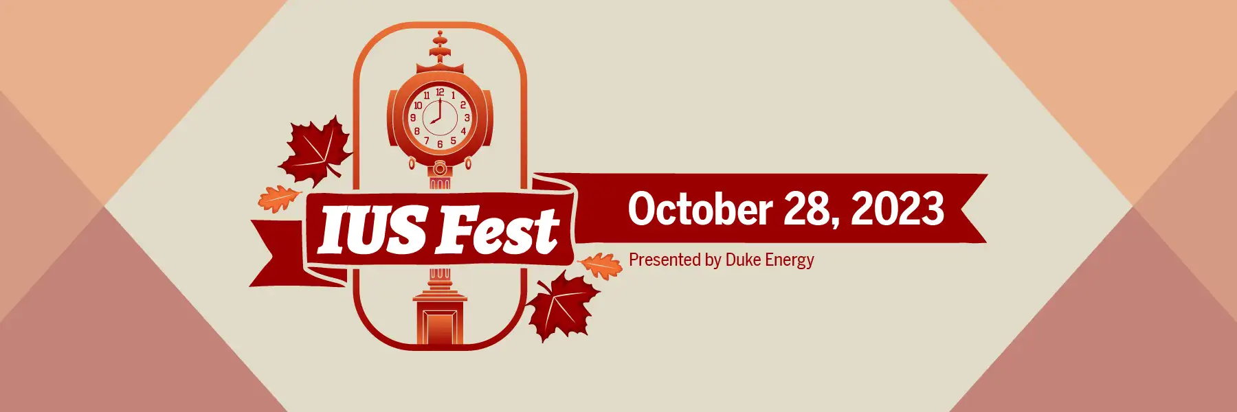 Illustration of the IU Southeast clock tower surrounded by fall leaves and colors with the words IUS Fest October 28, 2023