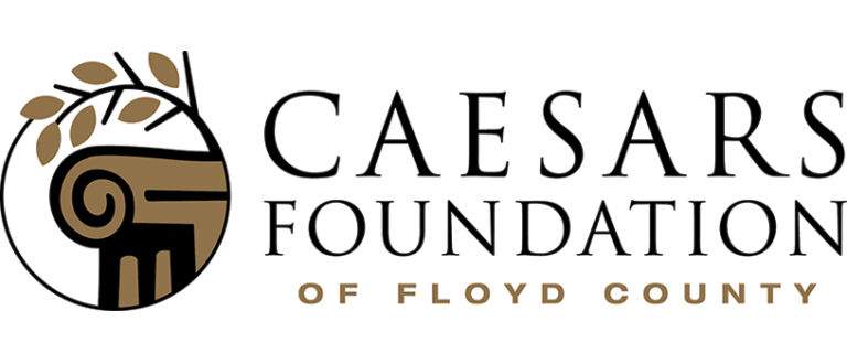 The words Caesar's Foundation of Floyd County in brown text next to an olive branch and column