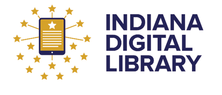 The words Indiana Digital Library in blue next to a blue and yellow illustration of a tablet