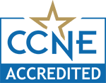 Logo with a gold star and blue and white text below that reads CCNE Accredited