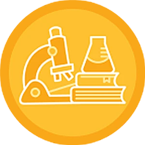 A round yellow icon with a microscope in the center