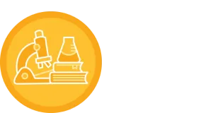 Yellow circular illustration of a microscope next to a stack of books with a beaker on top