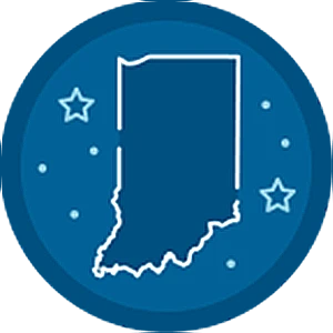 Round blue icon with an illustration of Indiana and stars in the center