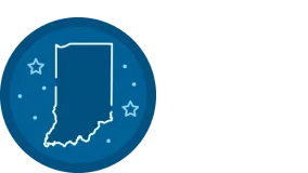 Blue circular illustration of the state of Indiana surrounded by stars