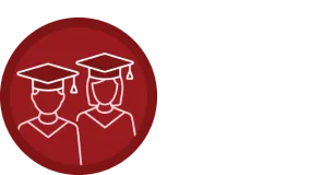 Red circular illustration of two students in graduation caps and gowns