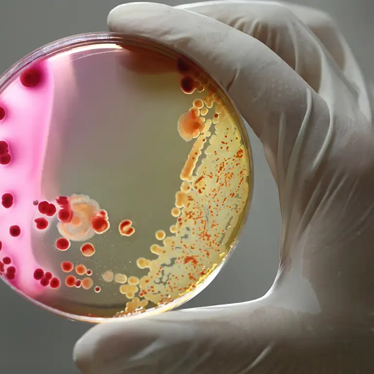 Gloved hand holding up petri dish