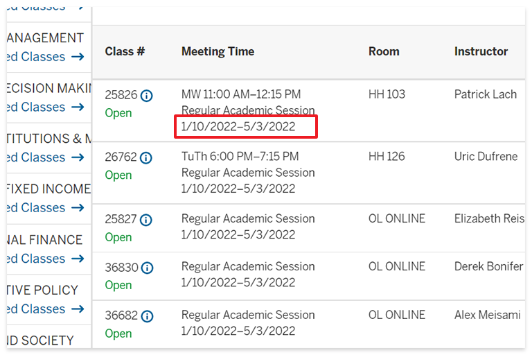 Start and end dates in IU Southeast's course search